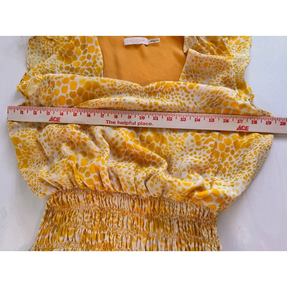 Ramy Brook M Silk Yellow Animal Print Ruffle Simone Mini Dress Pleated Smocked